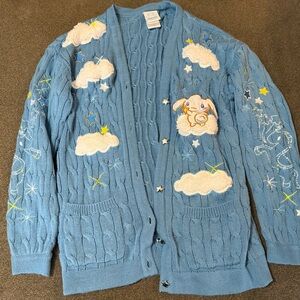 Blue Cable Knit Sweater with Cloud and Star Design